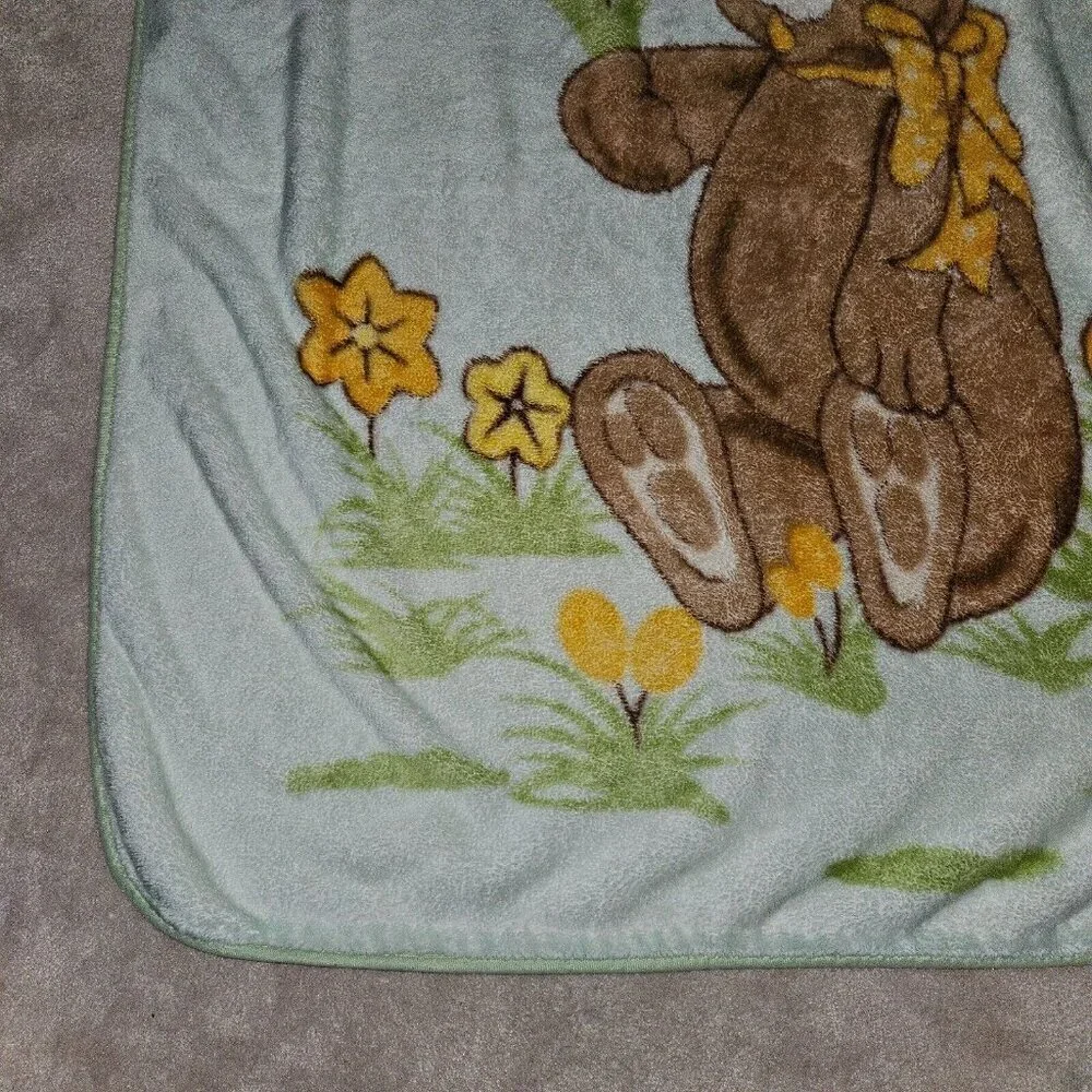 VTG Green Mink Blanket Throw Brown Bear Yellow Flowers Trees Cuamatzi 42x54